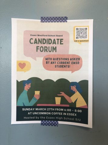 A poster advertising the EWSD school board candidate forum in an EHS hallway 
